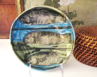 Vintage Art Pottery Dish, Signed Studio Pottery Stylized Fish, Hand Painted Ceramic, Coffee Table Decor