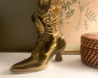 Vintage Victorian Boot Planter, Bronze Tone Cast Metal Vase, Lace-Up Design