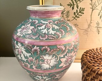 Vintage Pink and Teal Roses Macau Vase,  Hand Painted Ceramic, Grandmillennial Decor, Home Office Decor, Famille Rose Style
