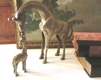 Vintage Brass Giraffe and Baby Figurines, Nursery Decor, Brass Zoo Animal
