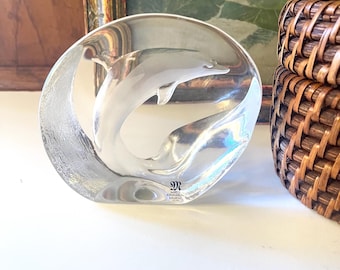 Vintage Mats Jonasson Dolphin, Sweden Lead Crystal Sculpture, Signed and Numbered, Art Crystal, Beach House Decor, Bookcase Paperweight