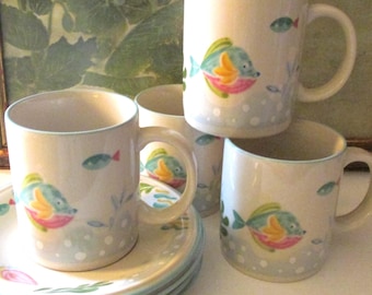 Four Vintage Studio Nova "Barrier Reef" Mugs and Saucers Set, Pastel Fish, Beach House Decor, Grandmillennial Decor, Coastal Grandmother