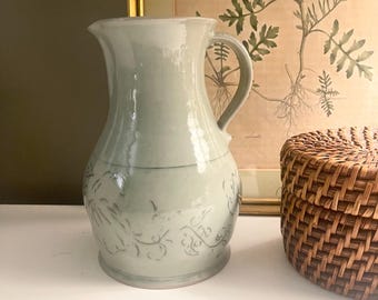 Vintage Signed Art Pottery Pitcher, Soft Green Glazed Hand Made Pottery Vessel, Farmhouse Decor