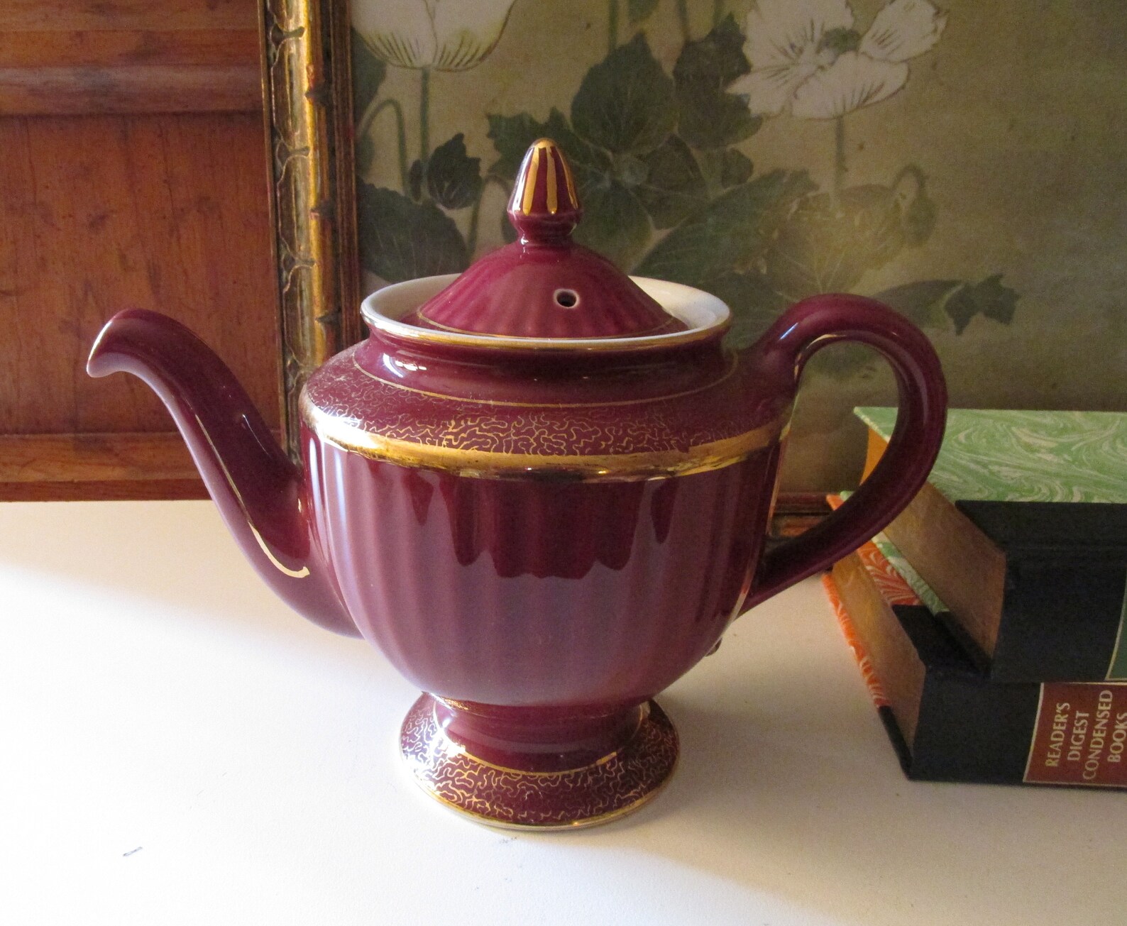 Vintage Hall Teapot Made in USA Six Cup Maroon and Gold Etsy