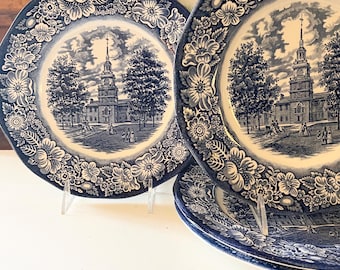 Four Vintage "Liberty Blue" English Blue Transferware Dinner Plates, Stafforshire, Blue White Decor, English Country