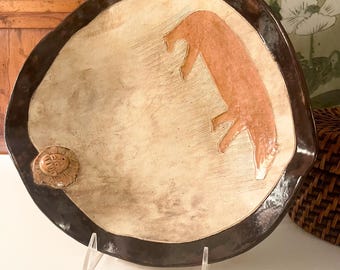 Vintage Art Studio Pottery Dish, Pottery Bear and Sun God, Hand Painted Ceramic, Coffee Table Decor