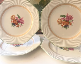 Four Vintage England Woods & Sons Floral Luncheon Plates, Hand Painted Tea Party China, Grandmillennial, English Cottage, Wall Gallery Decor
