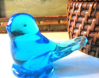 Vintage "Blue Bird of Happiness" Signed Glass Paperweight, Vintage Gift, Leo Ward, Mantel Decor, Bookcase Decor