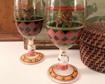 Vintage Pair Zrike "Outpost" Pine Leaves Theme Goblets, Susan Riggsbee White, Lake House or Cabin Decor, Autumn Decor