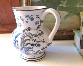 Vintage Outeiro Alueda Portugal Creamer, Blue Rooster and Floral Pottery, Small Hand Painted Creamer, Blue and White Kitchen China