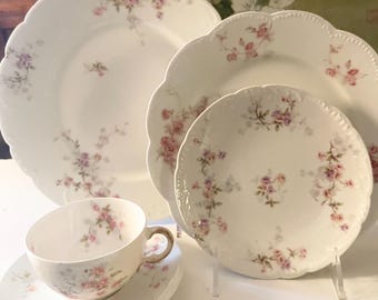 Vintage French Place Setting, Theodore Haviland Limoges, Dinner, Salad, Cup/Saucer, Bread & Butter Plates Rose Garland, Pink Spray Mixed Lot