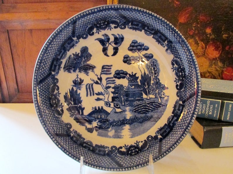 Japanese Blue Transferware Bowl Chinoiserie Vintage Blue Willow Round Coupe Blue and White Bowl Vintage Blue Willow Serving Bowl