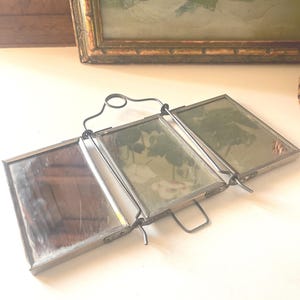 Antique Victorian Era Three Way Traveling Mirror, Easel Portable Mirror, Children Lithograph, Metal Triptych Barber Mirror, Cottage Core