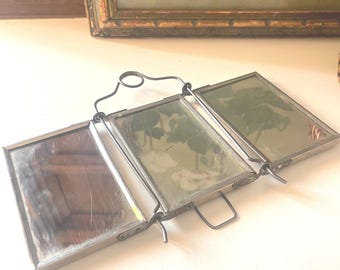 Antique Victorian Era Three Way Traveling Mirror, Easel Portable Mirror, Children Lithograph, Metal Triptych Barber Mirror, Cottage Core