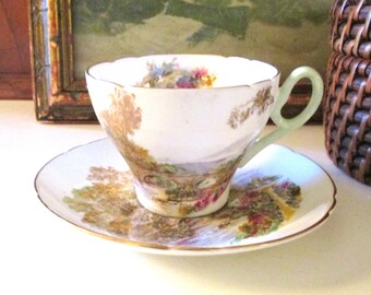 Vintage Shelley England Teacup and Saucer, "Heather" Country Village Pattern, Bone China, Gift For Tea Lover