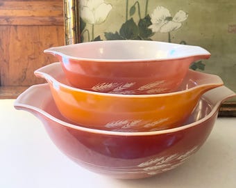 Vintage Pyrex Mixing Bowl Set Of Three Cinderella Style, Autumn Harvest Wheat, 442, 443, 444