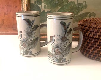 Vintage Hand Painted Ken Edwards Style Mugs, Slender Folk Art Bird and Floral Design, Boho Tall Mugs. Irish Coffee Mugs