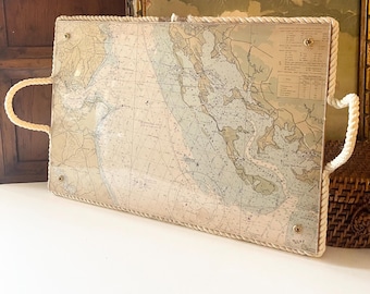 Vintage Nautical Map Tray, Framed Under Lucite, Maryland Hooper Island, Patuxent River, Nautical Decor, Gift For Fisherman