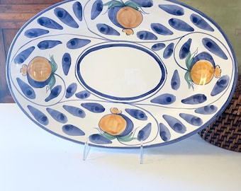 Vintage Desuir  Italian Pottery Tray, Hand Painted Platter Tuscany Decor, Blue, White and Orange Hand Painted Fruit Pottery