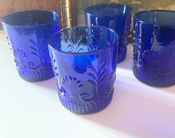 Vintage Four Vintage Adam’s Cobalt Blue DOF Glasses by Pilgrim Glass, Chinoserie Chic