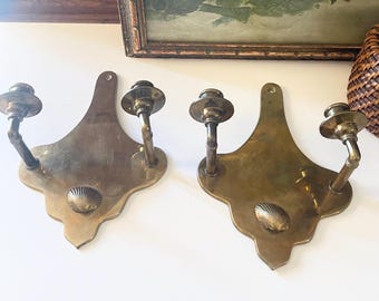 Vintage Pair of Hollywood Regency Brass Sconces, Brass Candlestick Sconces, Palm Beach Decor, Shell Sconces  Gallery Wall Decor, Chinoiserie