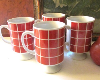 Four Vintage Stack-able Pedestal Mugs, Retro Red and White Grid Design, Japan, 1970's Kitchen Decor