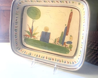 Vintage Mexican Pottery Folk Art Dish, Tlaquepaque Hand Painted Rectangular Tray,