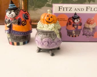 Fitz & Floyd Kitty Witches Salt Pepper Shakers, Halloween Decor, NOS