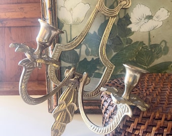 Vintage Brass Candlestick Wall Sconce, Florentine Inspired Swag and Drape, Neoclassical Wall Gallery Decor