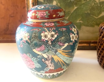 Vintage Gold Imari Hand Painted Chinoisere Ginger Jar, Peacock and Cherry Blossom Floral Design, Grandmillennial Decor