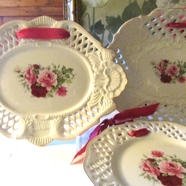 Set of Three Formalities by Baum Bros "Victorian Rose" Decorative Wall Plates, Romantic Wall Gallery, Reticulated Plates, Mother's Day Gift