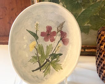 Vintage Salt Marsh Pottery Wall Plaque, "Baby in the Cradle", Buttercup, Geranium, Gift For Gardener, Sunroom Decor,