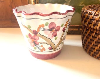 Vintage Italian Pottery Planter, Small Hand Painted Cachepot, Cherry Blossom, Grandmillennial,
