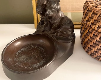 Vintage Bronze Finish Dog Ashtray, Cast Metal, Art Deco Dog Lover Gift