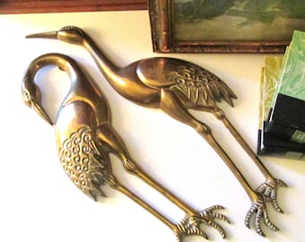 Vintage Brass Wall Crane Set,  Large Brass Crane Bird Wall Decor Set of 2, Hollywood Regency, Palm Beach Chic