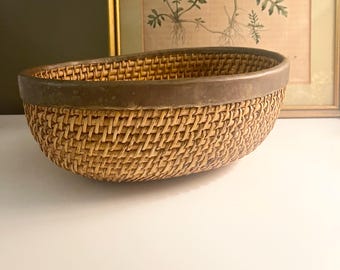Vintage Hand Woven Rattan Basket with Brass Trim