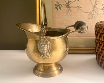Vintage Brass Coal Scuttle, Black Wood Handle, Lion Head Detail Match Holder
