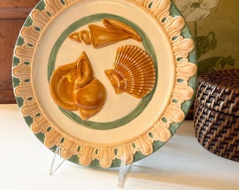 Vintage Majolica Inspired Plate, Embossed Shells In Teal and Beige, 2000 CBK LTD Decorative Hand Painted Round Plate