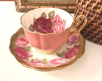 Vintage  England Bone China Teacup and Saucer, Pink and Red Roses Floral Set, Windsor and Royal Albert Paired Set, Tea Party Gift