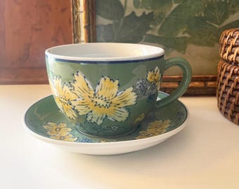 Vintage April Cornell Breakfast Teacup, Oversized Teacup and Saucer, Gift For Tea Lover, Green and Yellow Floral Mug