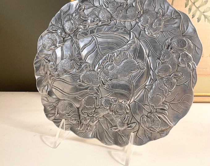 Featured listing image: Vintage Arthur Court Bunny Trivet, 1990  Aluminum Hot Plate, Easter Decor, Gift For Rabbit Lover, Wall Bunny Decor, Rabbit and Cabbage Leaf
