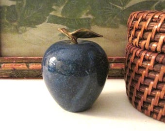 Vintage Blue Marble and Brass Apple Paperweight, Mantel Decor, Home Office Decor, Vintage Gift