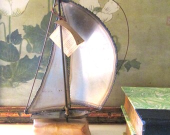 Vintage DeMott Signed Sailboat Figurine, Nautical Gift, Metal and Marble, Father's Day Gift, Brutalist Sailboat