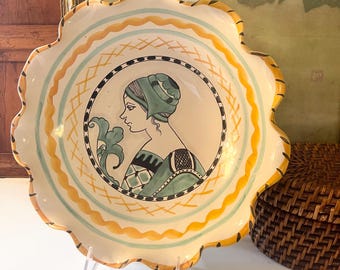 Vintage Italian Large Pottery Bowl, Meridiana Ceramiche, Italian Majolica, Hand Painted Lady Portrait Dish, Tuscany Pasta Serving Bowl
