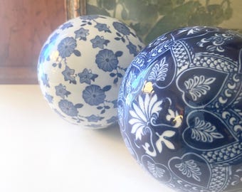 Vintage Extra Large Chinoserie Blue And White Carpet Ball, Sold Separately, Decorative Ceramic Orb