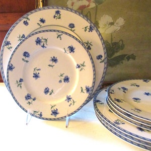 Vintage Mikasa &quot;Blue Medley&quot; Four Dinner Plates, Four Salad Plates, Utima Super Strong Fine China, Blue Floral Dinnerware, Sold in Sets