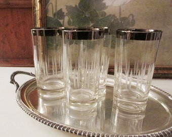Vintage Silver Rim Barware, Sold in Sets, Etched Crystal Glassware, DOF, Shot Glasses, Hiball, Hollywood Regency Bar Cart
