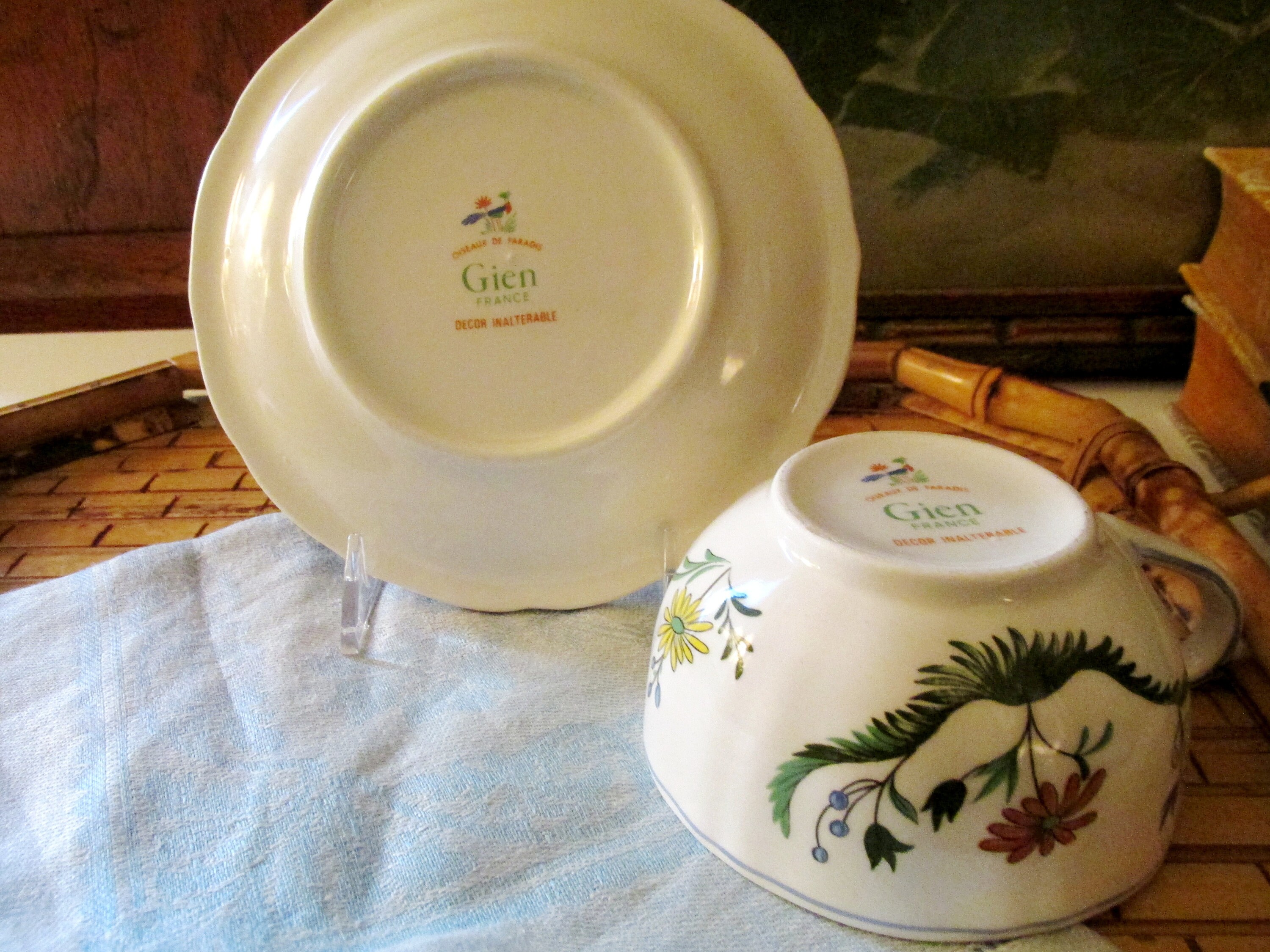 Oiseau De Paradis de Gien China Flat Cup and Saucer Pa s Franc s