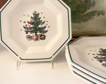Four Vintage NOS "Christmastime" by Nikko, Salad Plates Christmas Tree, Holiday Dining