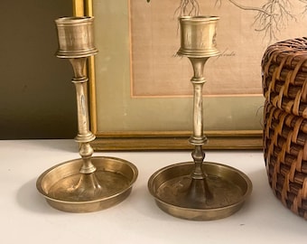 Chic Vintage Pair of Brass Candlesticks, Chinoiseire Etched, Low Candle Holders, India Brass